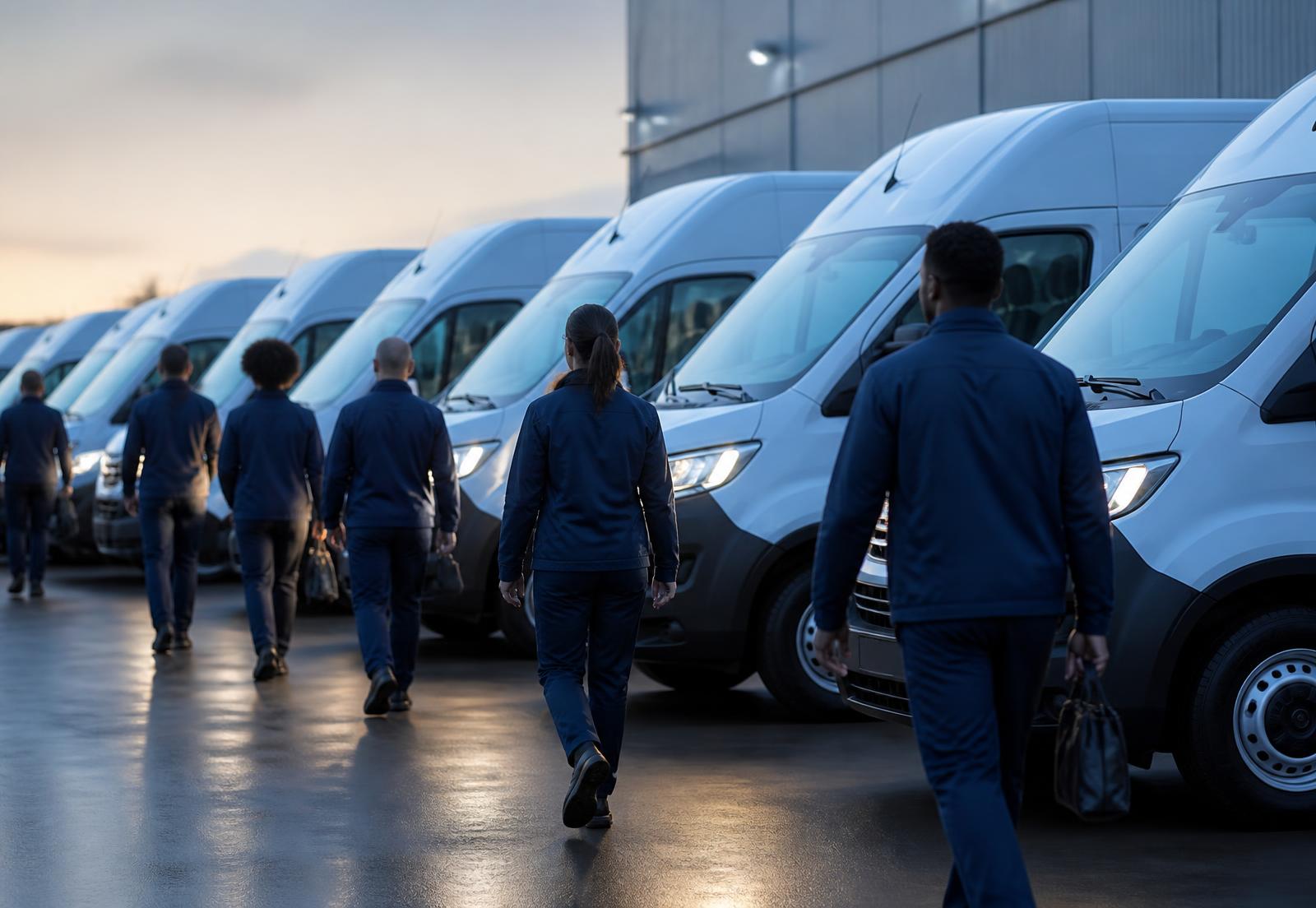 Diverse professional delivery drivers walking toward a line of modern white cargo vans at sunrise
