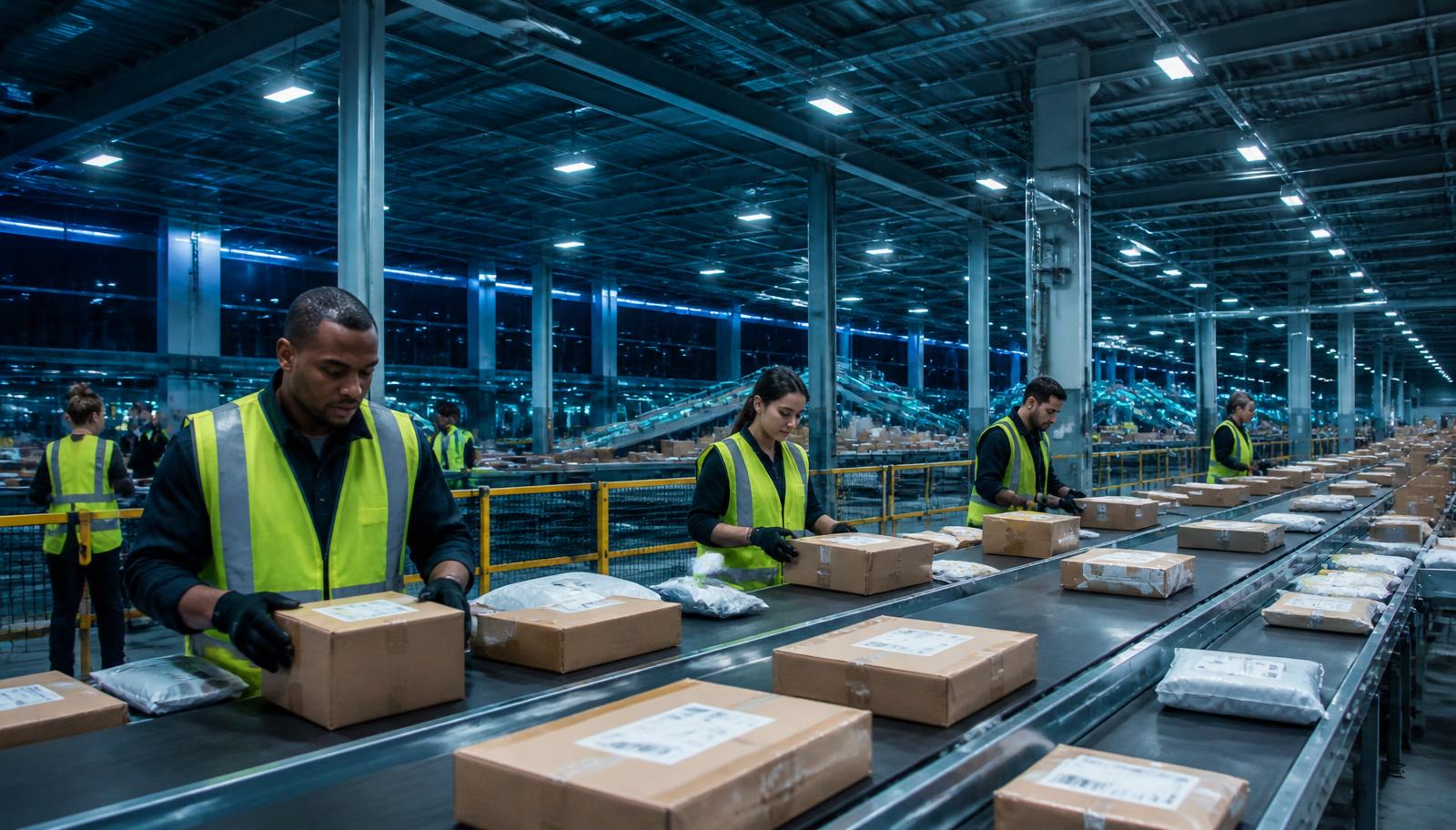Night shift warehouse team staging parcels on conveyor lines